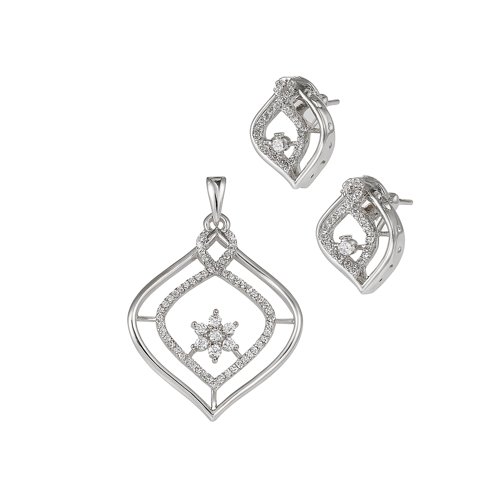 Beautiful CZ White Pendant Set with matching earrings on white background