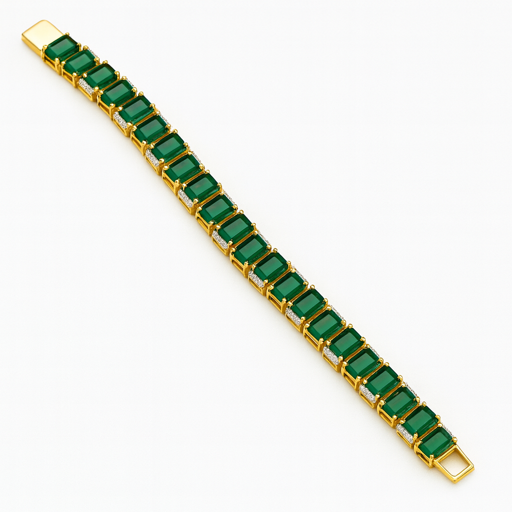 Emerald green CZ bracelet with white rhodium plating, featuring emerald-cut cubic zirconia stones in a classic linear design. Elegant festive jewelry piece by Lavish Jewels.