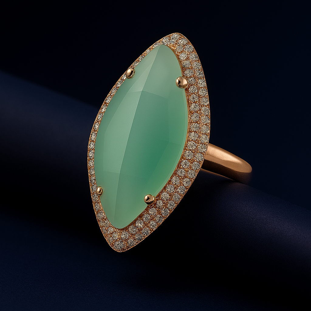 Elegant close-up of Luna Piena ring on a dark cylindrical surface with soft lighting