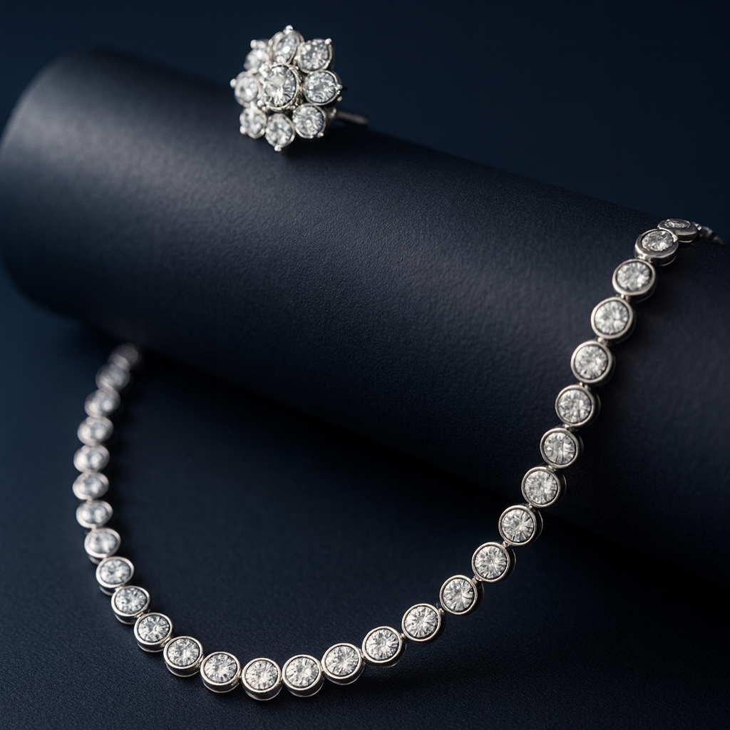 White CZ necklace set with silver finish, featuring a 20 cm delicate necklace and 1×1.5 cm matching earrings. Lightweight and refined festive jewelry.