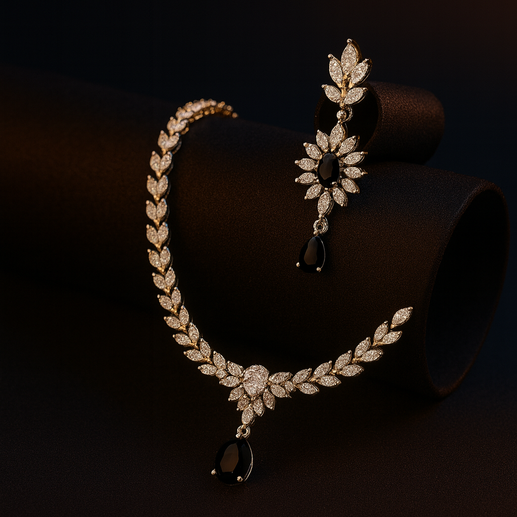 Black AD necklace set with golden white finish, featuring a 20 cm delicate necklace and 5 cm earrings. Elegant festive and gifting jewelry by Lavish Jewels.