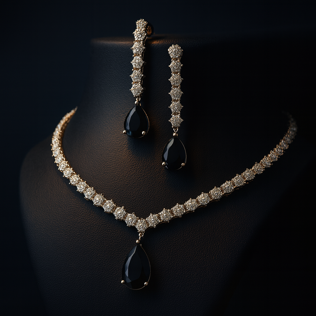 Black teardrop stone AD necklace set with matching earrings in white plating – Lavish Jewels
