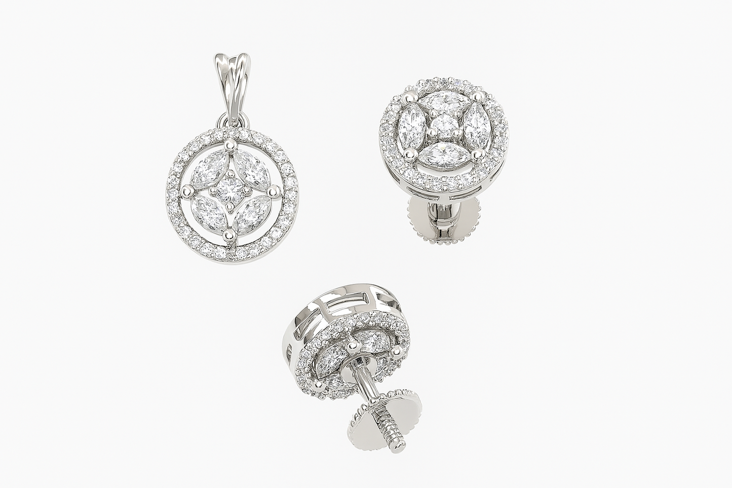 Exclusive CZ White Pendant Set (no chain) – rhodium-plated with cubic zirconia stones on white background