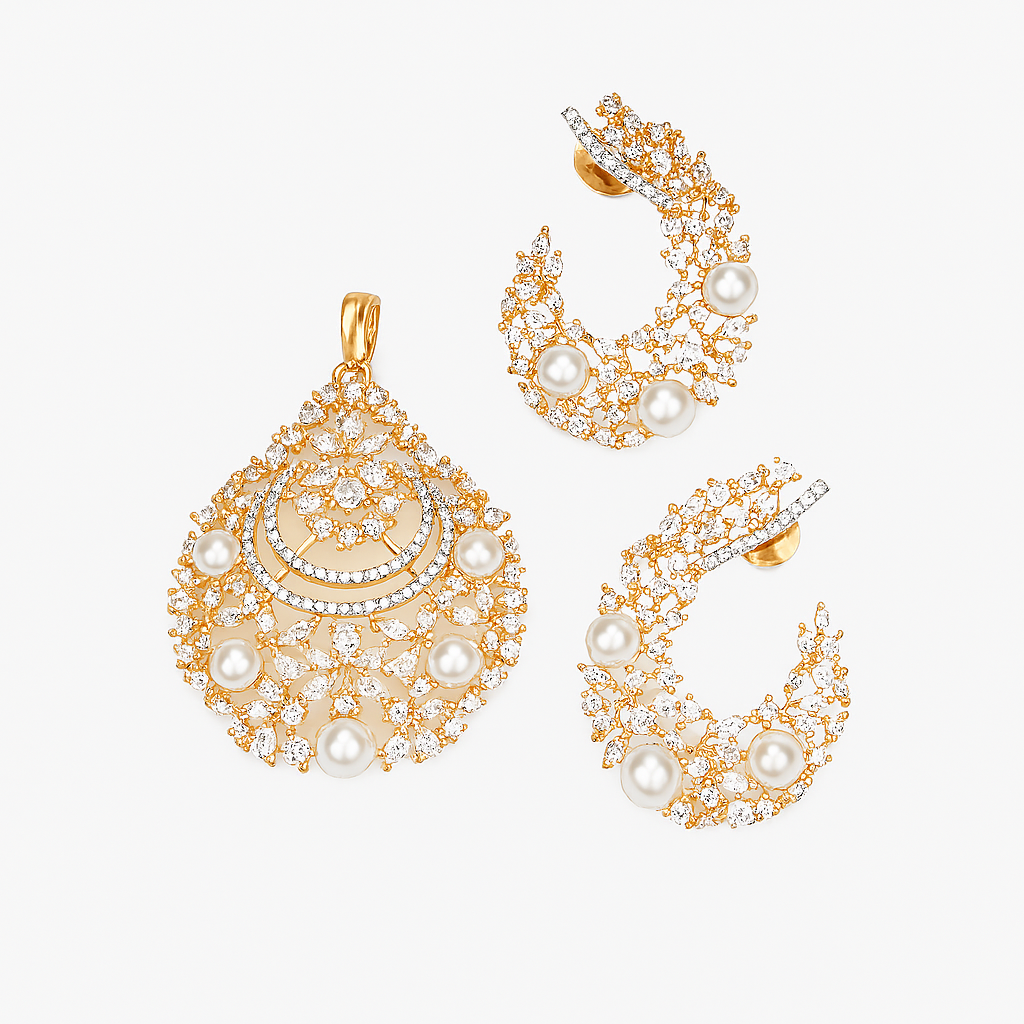 Faux Pearl CZ Pendant Set – gold-plated with faux pearls and CZ stones on white background