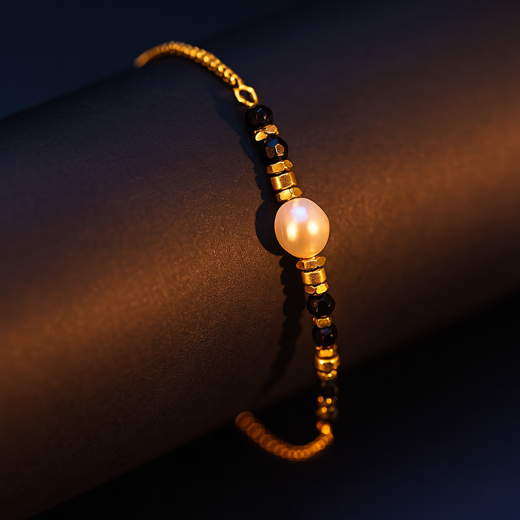 Gold bracelet with a pearl on a dark background