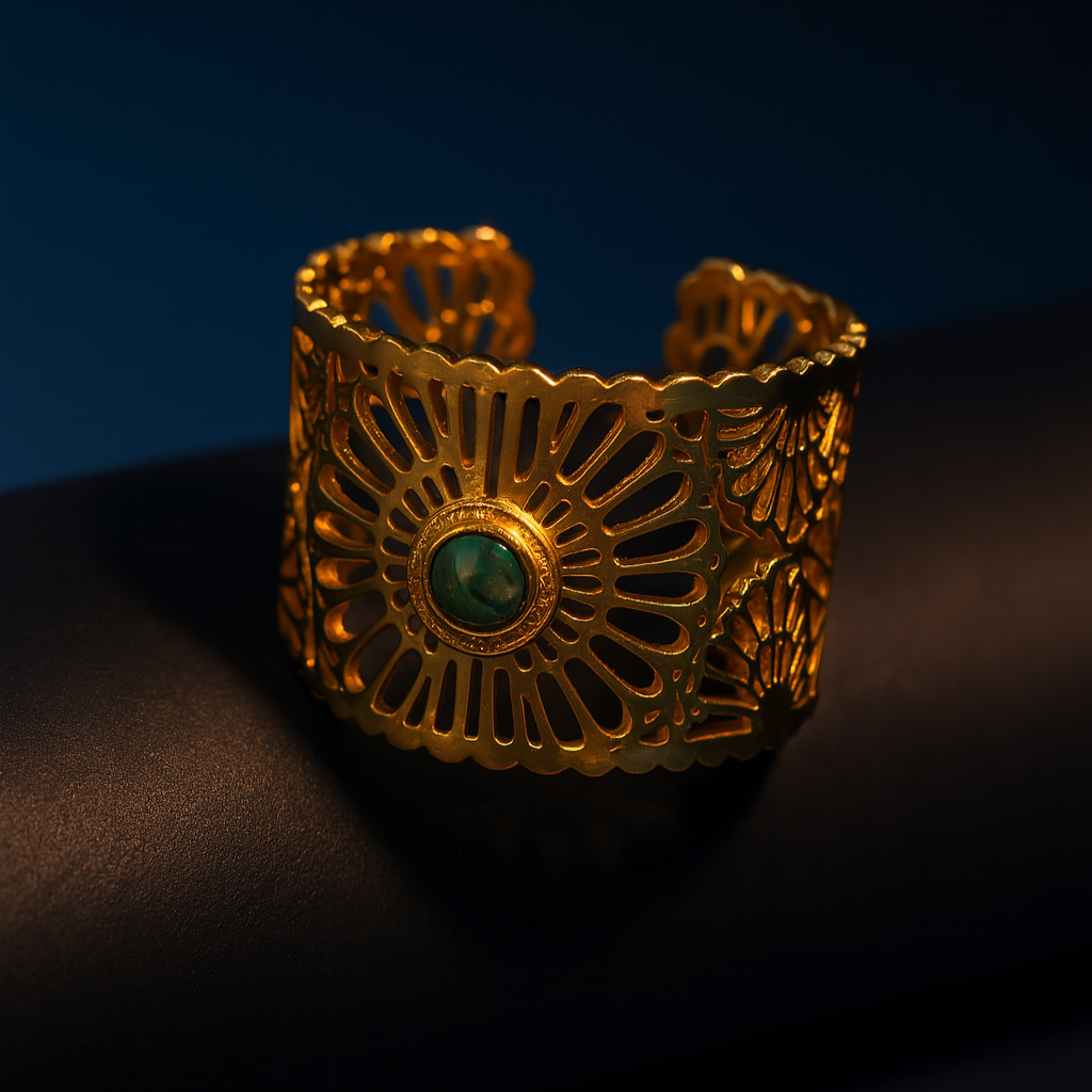 Gold bracelet with a green gemstone on a dark background