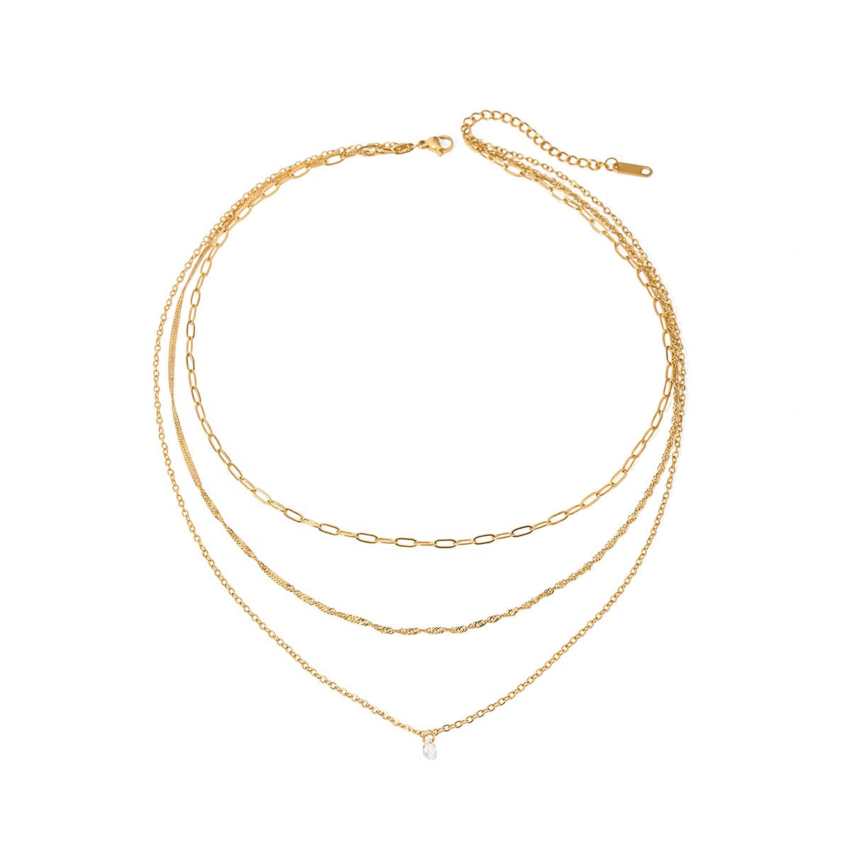 AURENE Gold Necklace with triple layered chains and zircon drop pendant – white background