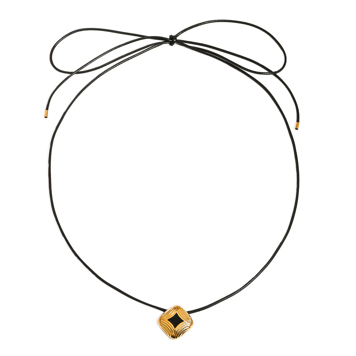 Rune Gold Necklace – black cord with gold geometric pendant and black enamel on white background