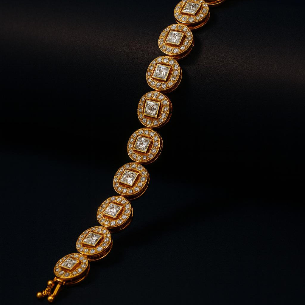 Delicate gold-tone bracelet with round American diamond accents, featuring a lightweight 17.5cm design for elegant festive or everyday wear.