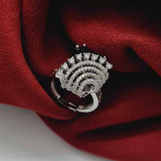 Vento d’Oro black CZ ring placed on red velvet backdrop