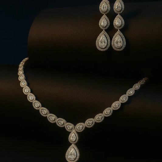 Bellissima Glow – Delicate White CZ Necklace Set with Earrings - LAVISH JEWELSBellissima Glow – Delicate White CZ Necklace Set with Earrings | Elegant Bridal Jewellery
