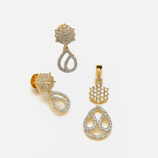 Elegant CZ Golden Pendant Set – Rhodium - Plated Brass Jewellery with Matching Earrings - LAVISH JEWELSPendant Sets