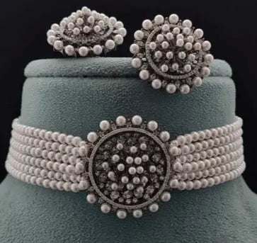 Empress Halo – Elegant Pearl AD Choker Set - LAVISH JEWELSEmpress Halo – Elegant Pearl AD Choker Set | Black Oxidised Plated Bridal Jewellery