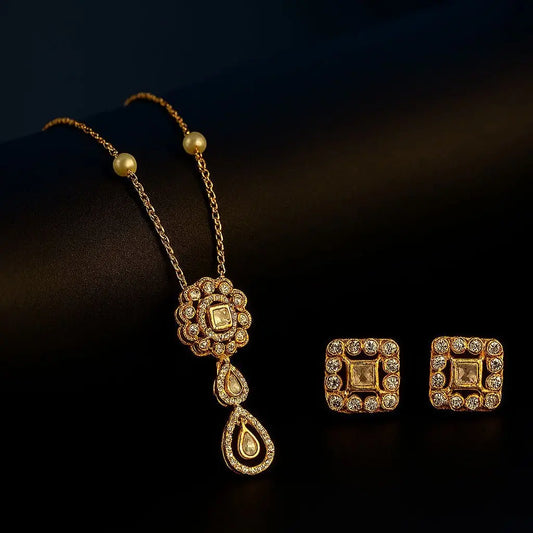 Fancy Kundan Chain with Earrings – Green Stone Gold - Plated Brass Jewellery Set - LAVISH JEWELSKundan Set