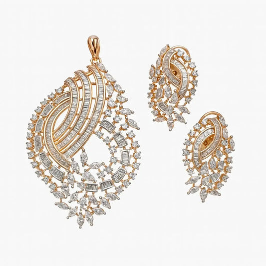 Glamorous Elegant CZ Pendant Set – Gold - Plated Brass Jewellery with Matching Earrings - LAVISH JEWELSPendant Sets