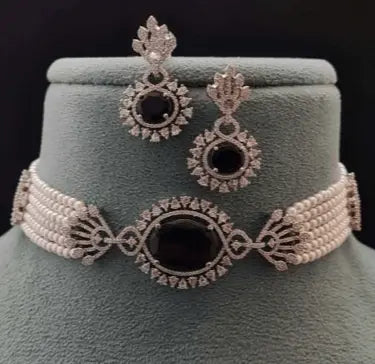 La Divina Choker – Beaded Fancy CZ Choker Set - LAVISH JEWELSLa Divina Choker – Beaded Fancy CZ Choker Set | Rhodium - Plated Black Statement Necklace