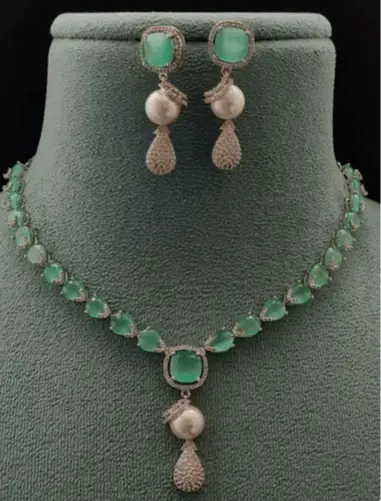 Marina – Mint Green & Pearl Designer AD Necklace Set - LAVISH JEWELSMarina – Mint Pearl AD Necklace Set | Lavish Jewels