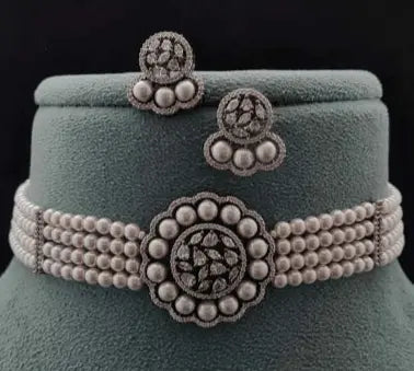 Velvet Charm – Pearl Classic Charm AD Choker Set - LAVISH JEWELSVelvet Charmes – Pearl Classic Charm AD Choker Set | Black Oxidised Plated Jewellery for Bridal & Occasions