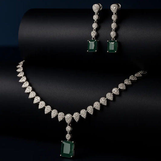 Vita – Emerald Green AD Necklace Set with Black Oxidised Finish - LAVISH JEWELSVita – Emerald Green AD Necklace Set in Black Finish | Lavish Jewels