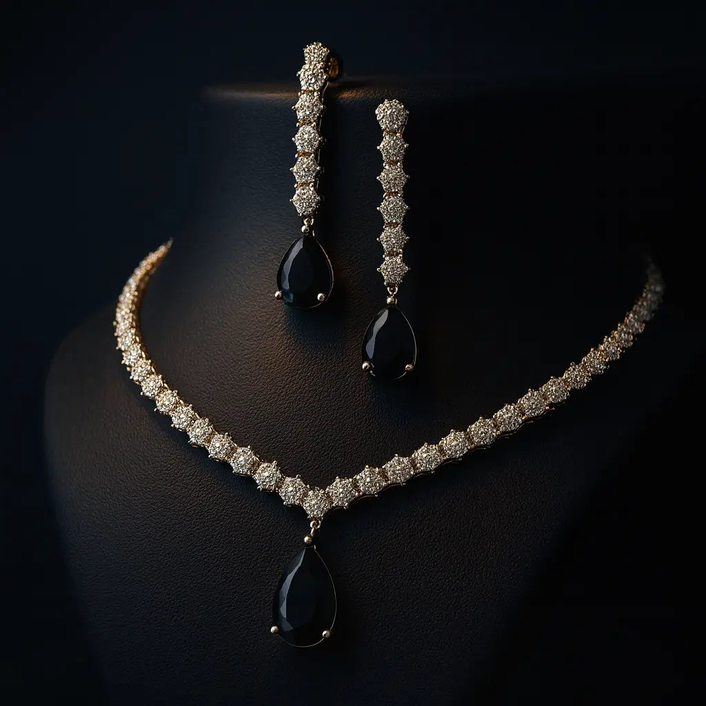 Elegant green stone CZ necklace set with matching earrings, featuring intricate silver-tone leaf detailing and round-cut American diamond embellishments.