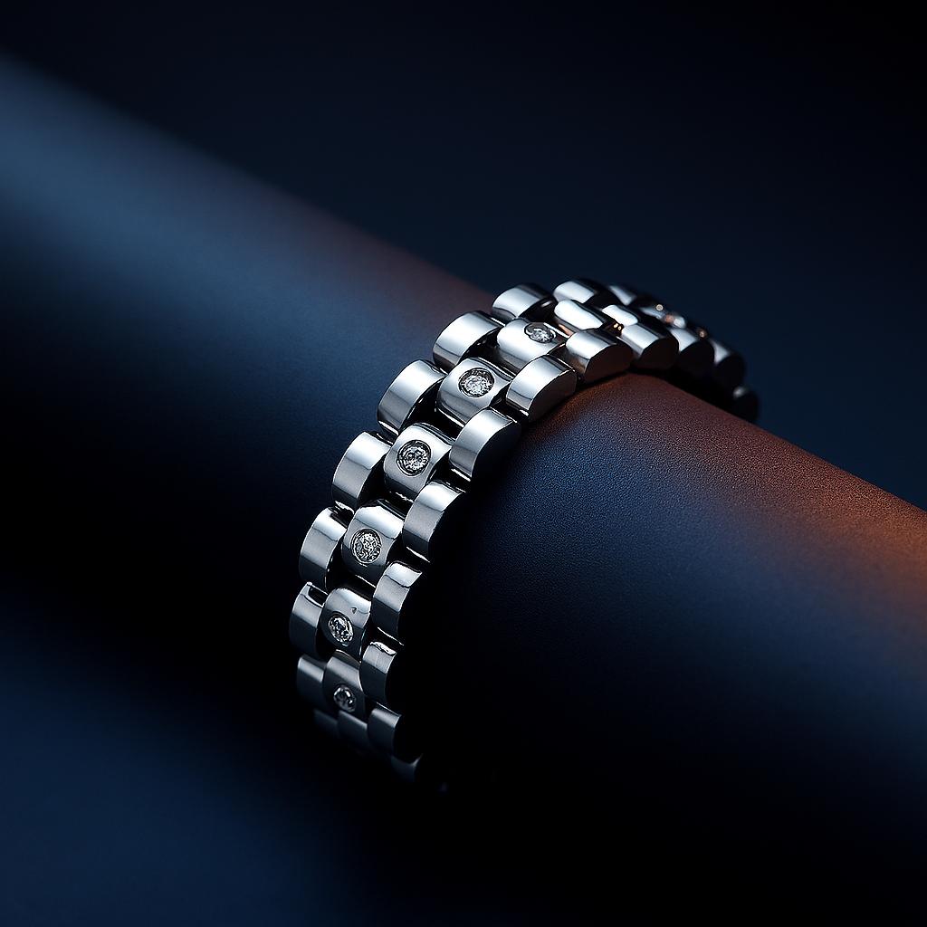 "Premium Stainless Steel Chain Bracelet with CZ Stones - 18K Gold Plated Watch-Style Links with Round White Rhinestones"