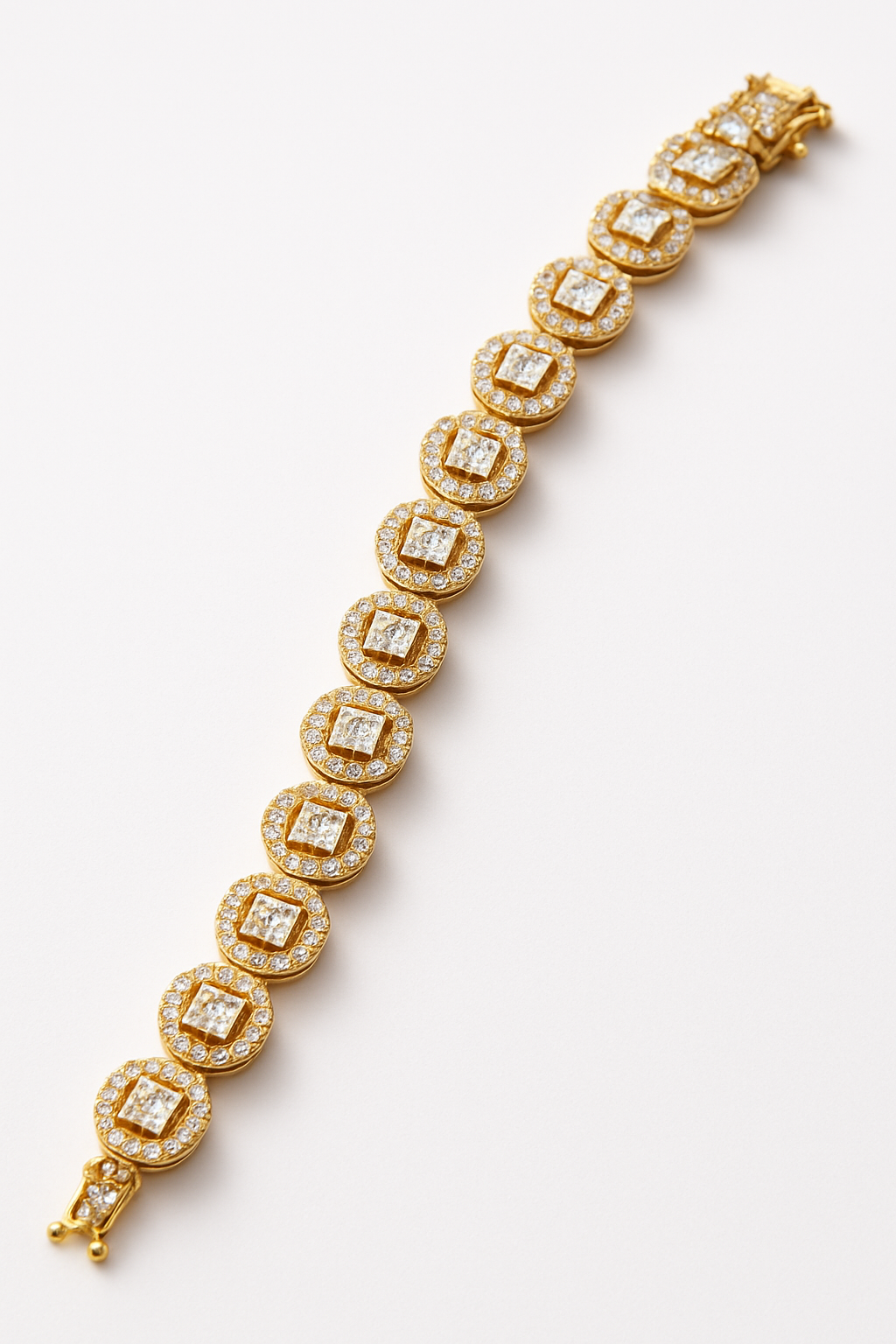 Gold plated link bracelet with square American Diamond halo stones - Lavish Jewels