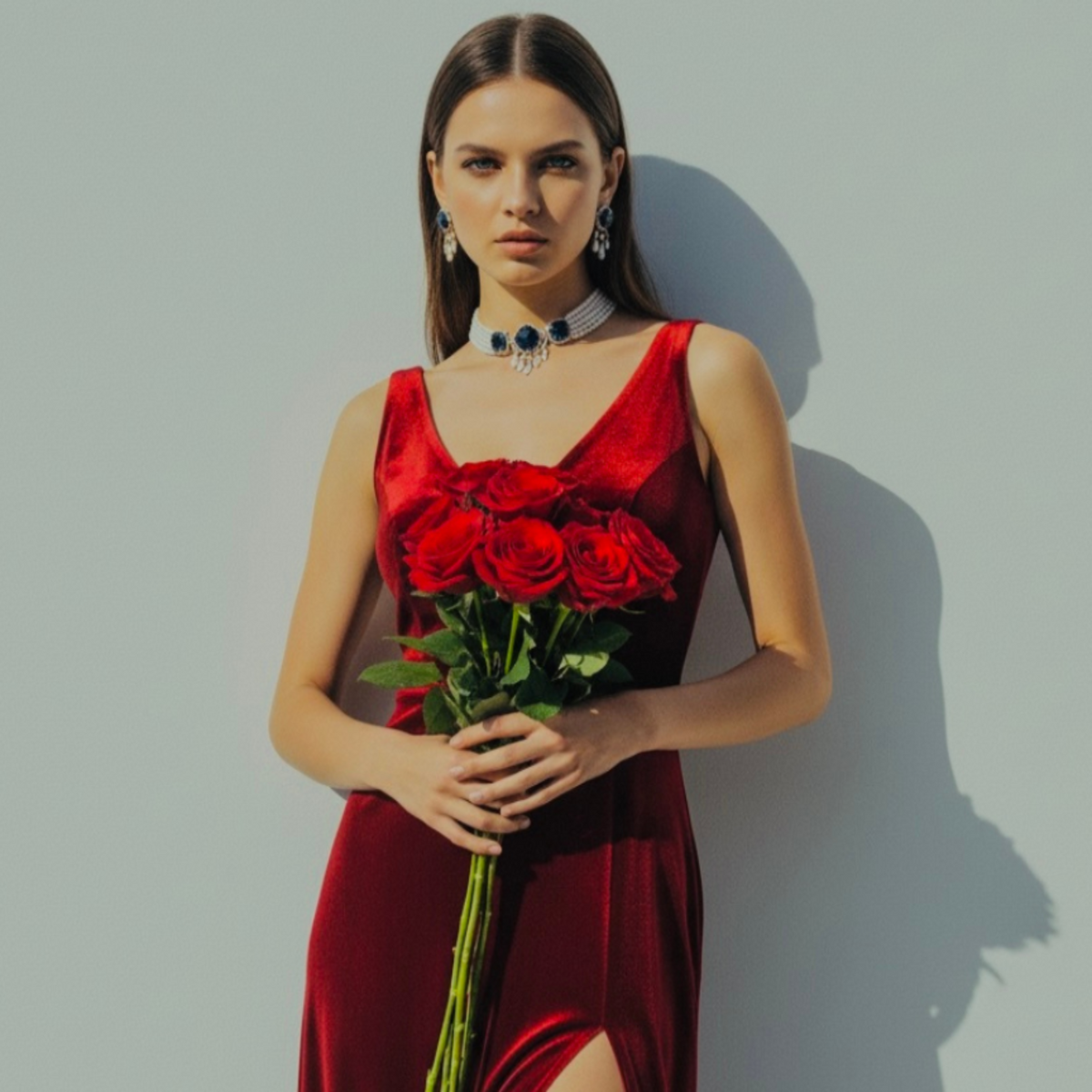 Luxury Australian jewellery brand Lavish Jewels, editorial photoshoot of model in red velvet gown with roses, showcasing premium statement necklace and matching earrings.