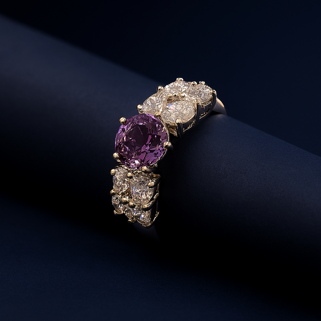 Close-up of purple CZ ring on dark cylindrical surface with soft lighting