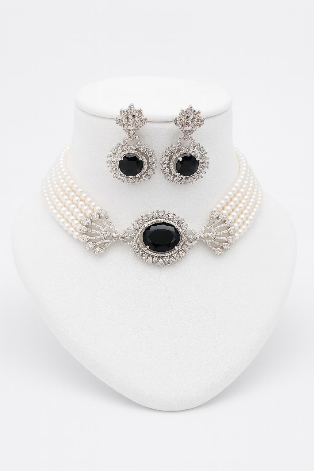 Close-up studio view of La Divina Choker – six-layer beaded choker with rhodium detailing