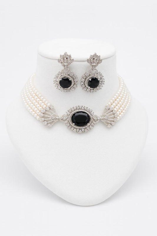 Close-up studio view of La Divina Choker – six-layer beaded choker with rhodium detailing