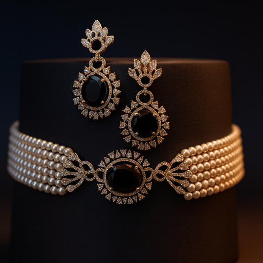 La Divina Choker Set on display bust – black centrepiece, pearl beading, and CZ earrings