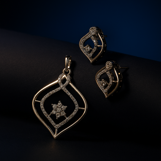 Elegant CZ pendant and earrings set displayed on a jewellery stand