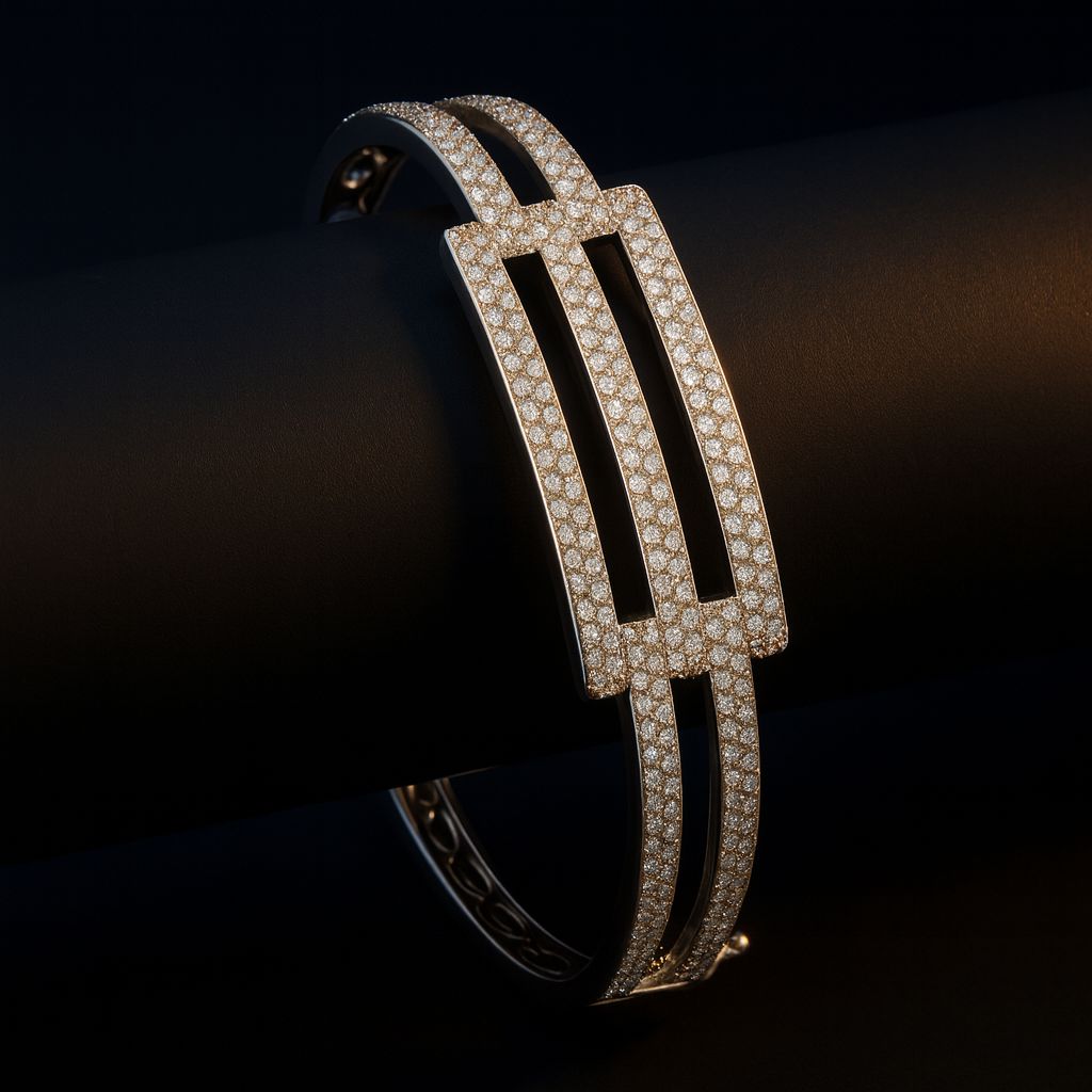 Luxurious editorial shot of Vibia Ash kada on black roll – glowing silver bangle
