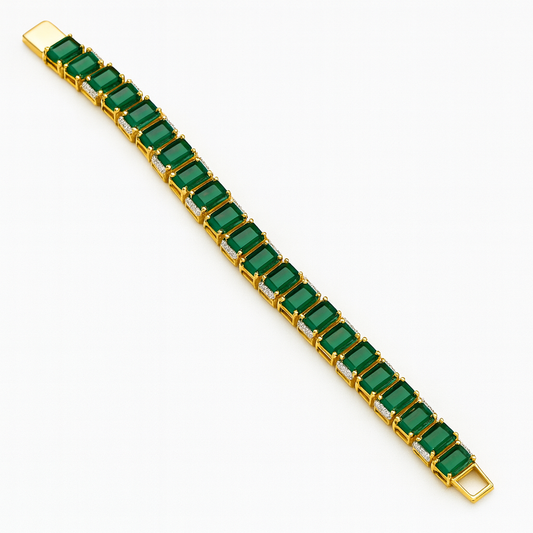 Emerald green CZ bracelet with white rhodium plating, featuring emerald-cut cubic zirconia stones in a classic linear design. Elegant festive jewelry piece by Lavish Jewels.