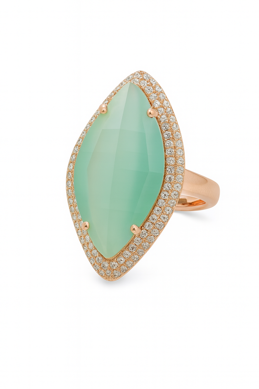 Front-facing studio shot of Luna Piena ring with rhodium finish and mint stone