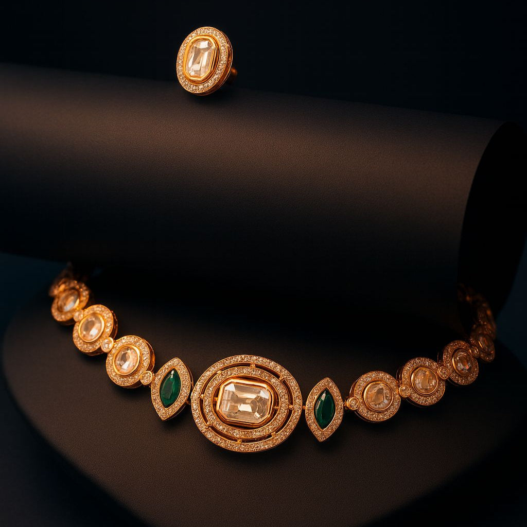 Editorial photo of Esha Eternelle set on dark background – festive and regal choker styling