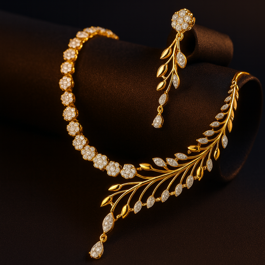 Golden white plated AD necklace set with delicate CZ stones. Includes a 25 cm necklace and matching 5 cm drop earrings. Lightweight, bridal-ready jewelry.