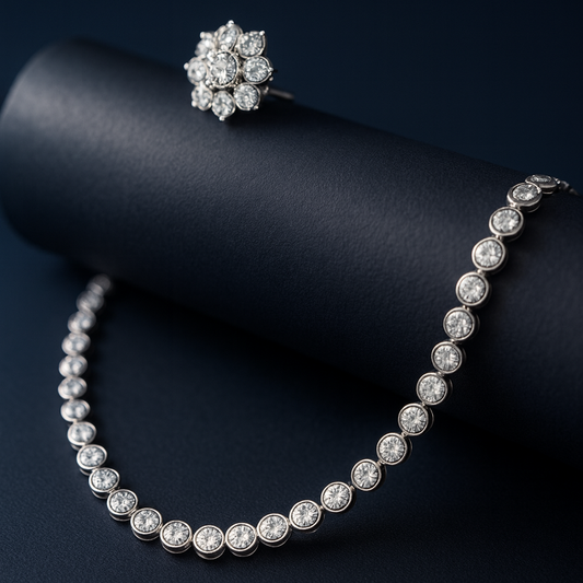 White CZ necklace set with silver finish, featuring a 20 cm delicate necklace and 1×1.5 cm matching earrings. Lightweight and refined festive jewelry.