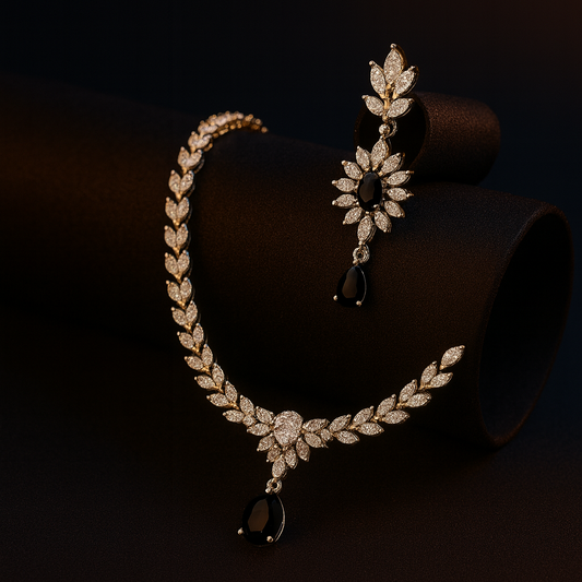 Black AD necklace set with golden white finish, featuring a 20 cm delicate necklace and 5 cm earrings. Elegant festive and gifting jewelry by Lavish Jewels.