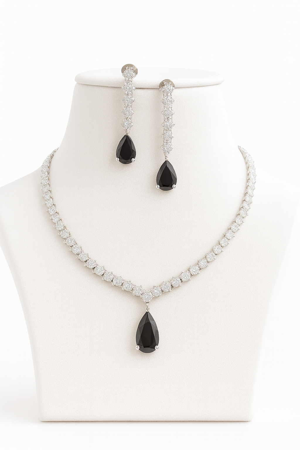 Black teardrop stone AD necklace set with matching earrings in white plating – Lavish Jewels