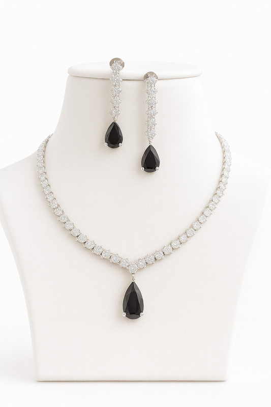 Black teardrop stone AD necklace set with matching earrings in white plating – Lavish Jewels