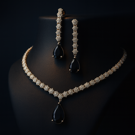 Black teardrop stone AD necklace set with matching earrings in white plating – Lavish Jewels