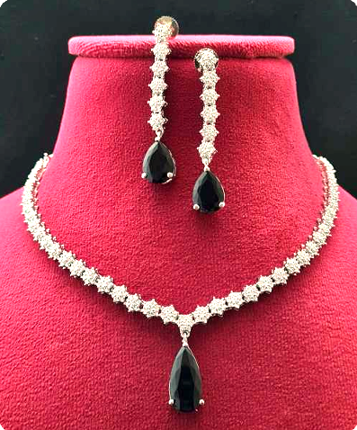 Black teardrop stone AD necklace set with matching earrings in white plating – Lavish Jewels