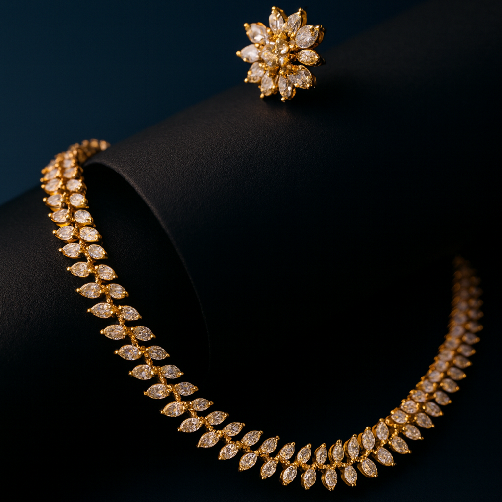 Elegant white gold-plated delicate AD necklace set with CZ stones and floral stud earrings displayed on green and black velvet busts – Lavish Jewels.