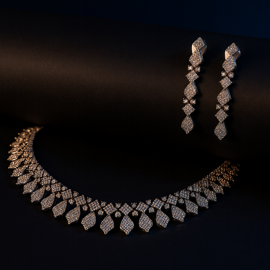 Angelo necklace set in white (WH) plating featuring shimmering AD stones and drop earrings displayed elegantly.