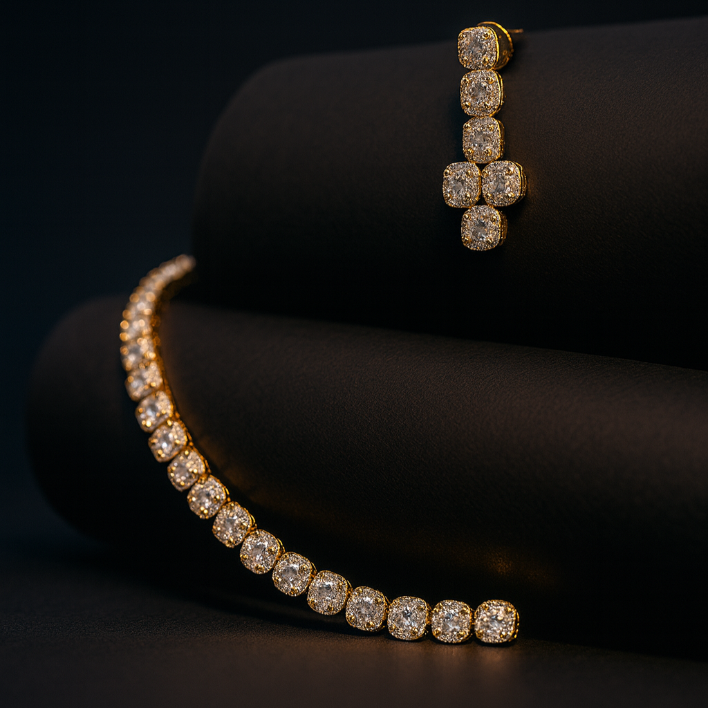 “Luce gold white delicate AD necklace set with matching earrings on white bust stand – Lavish Jewels”