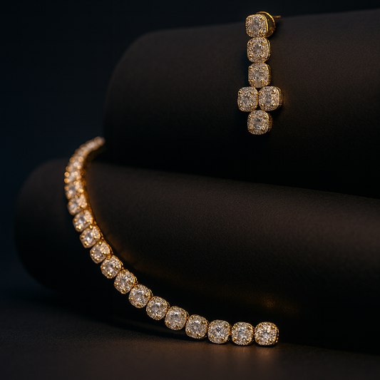 “Luce gold white delicate AD necklace set with matching earrings on white bust stand – Lavish Jewels”