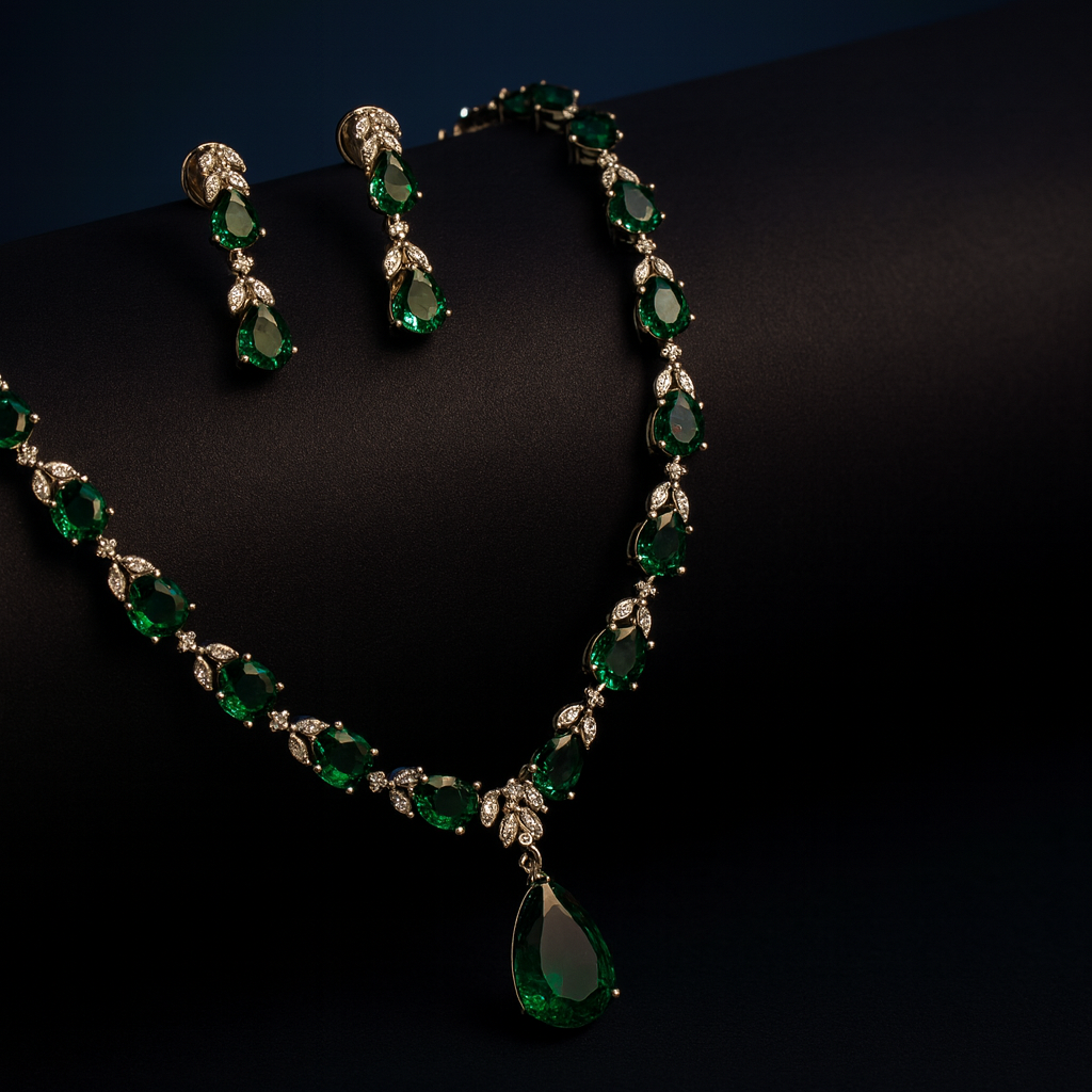  “Luna Milano delicate CZ necklace set on a velvet bust, featuring green teardrop stones with white plating.”