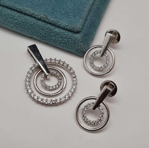 Elegant CZ Pendant and Earrings Set with rhodium plating and white stones (no chain included)