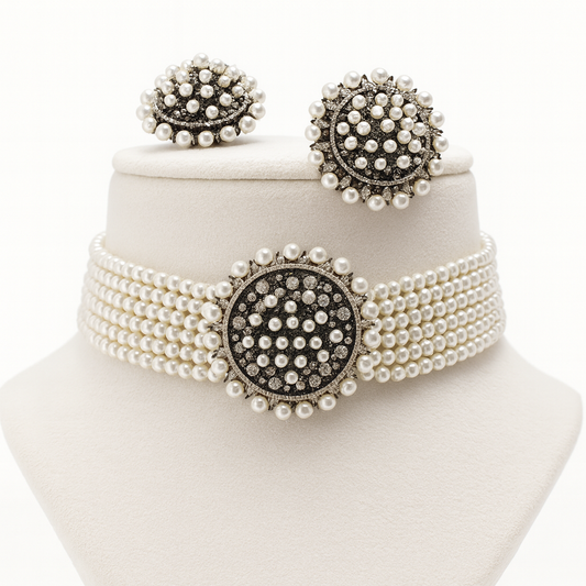 Empress Halo bridal choker with matching earrings on white bust
